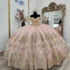 Sparkly Rose Pink Quinceanera Dresses Off Shoulder Gillter Beaded Lace Applique Corset Victorian Sweet 15 vestidos debutante