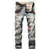 Классический дизайнер с печатной вышивкой Mens Jeans Motorcycle Biker Hole Luxury Denim Jeans Men's Fashion Street Wear Men Designer Slim Straint Pants