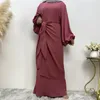 Ethnische Kleidung Frauen Elegantes muslimisches Hemdkleid Falten-Krepp-Langarm-Kaftan Islamisches lässiges Jilbab-Sommerkleid mit Gürtel 2023