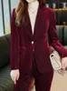 Calças femininas de duas peças moda elegante veludo calças de negócios terno outono magro formal vintage blazer pantsuits femme peças conjunto