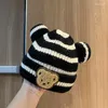 Berets Autumn Winter Kids Knit Stripe Hats Cute Cartoon Bear Ears Beanies For Children Infant Toddler Thick Warm Outdoor 2-6Y