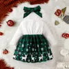 Vestidos da menina Natal vestido verde criança bebê meninas cervos floco de neve impressão retalhos vestido roupa manga longa vestido de princesa headband 2 pc conjunto 230914