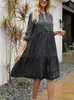 Casual Dresses Retro Denim Dress Women's Fashion Round Neck Zipper Large Pleated Old Medium Length 3/4 Sleeve Ruffle Summer