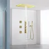 Sistema de ducha LED de cascada de lluvia de lujo para baño, conjunto de ducha termostática de montaje oculto en techo de Oro pulido, 71x43cm