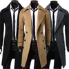 Erkek trençkotları moda markası sonbahar ceketi uzun rüzgarlık erkekler yüksek kaliteli ince uydurma düz renkli çift göğüslü 230914