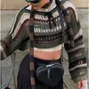 女性のセーターファッション女性Y2Kストリートウェアストライプホロークロップトップフィッシュネットショートレディースニットウェアゴスプルオーバー衣類27676