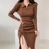 Casual Kleider Stricken Mini Kleid Frauen Winter Mode Frühling Herbst Einfarbig Langarm Kordelzug Split Sexy Pullover