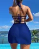 Women's Swimwear Women 3PCS Halter Bikini Set With Heart Buckle Cover Up Summer V Neck Holiday Open Back Bandage Sexy Beach Suits Female 230914