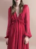 Vestidos casuais verão vestido feminino 2023 chiffon vermelho babados fluindo irregular v-pescoço francês