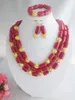Ensemble collier et boucles d'oreilles -2023 - 3 rangées de colliers en corail rouge naturel. Bracelet. Boucle d'oreille. Bijoux de mariage de mariée africaine