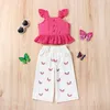 Clothing Sets Girls Clothes 2pcs Ruffles Flying Sleeve Button Tops Butterfly Printed Pants