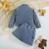 Conjuntos de ropa Niños Niñas Primavera Otoño Falda Conjunto Color Sólido Manga larga Chaqueta con botones con cintura elástica Mini traje de mezclilla de 2 piezas