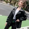 Women's Leather Style Long Sleeve PU Jacket Women Turn Down Collar Zipper Pockets Loose Lady Outerwear Spring Moto & Biker Coat