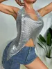 Damen-Tanktops, kurz geschnittenes Oberteil für Frauen, vorne drapiert, asymmetrischer Saum, rückenfrei, Ausschnitt unten, tiefer Ausschnitt, metallisches Neckholder in Silber