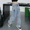 Tenues d'automne jean décontracté personnalisé jean bricolage femmes Streetwear croix broderie jambe large jean tenue décontracté retour jean