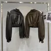 Women's Jackets Autumn Vintage Brushed Lacquered Edge Motorcycle Leather Pu Coat Black Brown Crop Jacket 230912