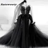 Gothic Schwarz Ballkleider Sexy Rückenfrei High Side Split A-Linie Abendkleid Spitze Formale Partykleider Mit Schleier Robe De Soiree2372