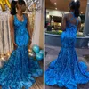 Czarne dziewczyny niebieskie cekinowe sukienka na studniówkę 2023 Glitter syrena wieczorna sukienka Krzyż Backless Back Birthday Formal Dress Sukiej Maxi Party Vestidos de Noche Robes de Soiree