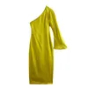 Casual Dresses Women Elegant Yellow Asymmetrical Dress With One Sleeves Lady Summer Midi Exposed Shoulder Long Robe Chic