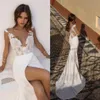 Lian Rokman 2019 Abiti da sposa con applicazioni Illusion Scollo a V Sirena sexy Abiti da sposa da sposa Fessura della coscia Beach Satin Wedding D186O