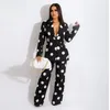 Women's Two Piece Pants Black White Polka Dot Print Womens Blazer Suits Casual Notched Long Sleeve Jacket And Straight Loose Trouser