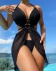 Women's Swimwear Women 3PCS Halter Bikini Set With Heart Buckle Cover Up Summer V Neck Holiday Open Back Bandage Sexy Beach Suits Female 230914