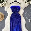 Casual Jurken Foamlina Vrouwen Sexy Nepbont Lovertjes Feestjurk Zomer Blauw Mouwloos Backless Slim Front Split Knielengte Club vestidos