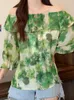 Kvinnors blusar Summer Green Floral Chiffon Shirt Short Sleeve Slash Collar Blue 2023 Off-Shoulder Holiday Bohemian Top 4xl