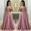 Plus Size Lindo Dusty Pink Prom Vestidos Mangas Compridas Sheer Jewel Neck Applique Lace Handmade 3D Flores Vestido Formal Noite Go295A