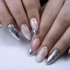Накладные ногти 24 шт., рождественские длинные миндалевидные ногти, серебряная блестящая пудра, снежинка, дизайн, съемные кончики с полным покрытием во французском стиле