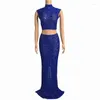 Stage Wear 7 Colors Rhinestones Transparent Mesh Dresses Sleeveless 2 Pieces Set Outfit Evening Birthday Celebrate Top Long Skirt Beibei