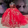 Red Princess Ball Gown Quinceanera Dresses Off Shoulder Flowers Appliques With Capes Crystals Beads Sweet 16 Dress Vestidos