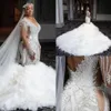 Lussuosi cristalli di perle Sirena Abiti da sposa Abiti da sposa Maniche lunghe Scollo a V Increspature a strati Cappella treno Arabo Dubai veste de250N