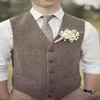Nova moda marrom tweed coletes de lã espinha de peixe estilo britânico colete masculino alfaiate fino ajuste coletes roupa de casamento para homem no01331r