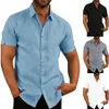 Hirigin Men Linen Bluzka z krótkim rękawem workowate guziki Summer Solid Wygodne czyste bawełniane i lniane mężczyzny inteligentne koszule zwykłe 2557