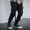 Multi Pocket Hip Hop Streetwear Męskie Black Joggers Pants Men Men Cotton Ribbon Cargo Spodni spodni Elastyczna talia181p