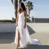 2020 vestido de casamento de praia transparente robe de mariee divisão chiffon renda sexy vestidos de noiva boho alças espaguete235j