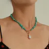 Chains Fashion Punk Large Special-shaped Pearl OT Buckle Alloy Necklace Temperament Simple Green Turquoise Choker Chain Jewelry254A