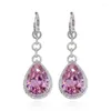 Bungelende oorbellen sprankelende 925 zilveren roze saffier CZ Crystal Topaz bruids bruiloft lange grote Teardrop sieraden voor bruiden cadeau