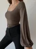 女性用Tシャツカジュアルスリムランタンスリーブ女性ファッションウネック長袖トップ春秋の女性エレガントプルオーバーアンダーコート