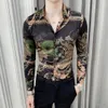 ネットレッドソサエティガイパーソナリティフラワーシャツレトロ男性長袖韓国の滑らかな素材メンズシャツスリムナイトクラブ衣服234A