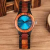 Unik Sapphire Blue Face Träklockor Handgjorda fullt träband Quartz Watch Women's Watches Ladies Dress Clock272s