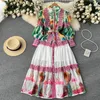 Casual Dresses Autumn Winter Bohemian Flower Dress Women's Stand Collar Lantern Sleeve Floral Print Colorblock Randig Belt L253D