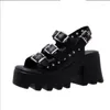 Zapatos de vestir Sandalias de mujer con tacones Verano Punk Altura Aumento Sandalia Motocicleta Gótico Mujer Cuero Plataforma Negra Gladiatus