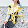 Scarves Twill Silk Scarf Women Yellow Hand painted Floral Oversize Echarpes Foulards Femme Wrap Bandanna 130130cm 230914