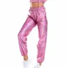 Damesbroeken Hoge taille Metallic Glanzend Jogger Casual Holografische kleur Street chic Broek Mode Smoothy Reflecterend Hip Hop 230914