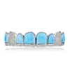 14K Cz Vampire Dents Grillz Glacé Micro Pave Zircon Cubique Opale Bleue 8 Dents Hip Hop Grill Haut Bas Bouche Grills Ensemble Avec Sil Moulding Dr