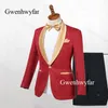 Gwenhwyfar Smoking con risvolto oro Rosso Jacquard Blazer Completo da uomo per matrimonio Prom Abiti formali da uomo 2 pezzi 2019 Giacca pantaloni254u