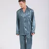 Men's Sleepwear Men Homewear Long Sleeve Shirt&pants 2Pcs Pajamas Male Satin Nightwear Loungewear Green Stripe Pyjamas Home Clothes