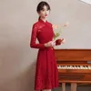 Ethnic Clothing Traditional Chinese Retro Long Sleeve Qipao Dress Women Style Lace Red Cheongsam CNY